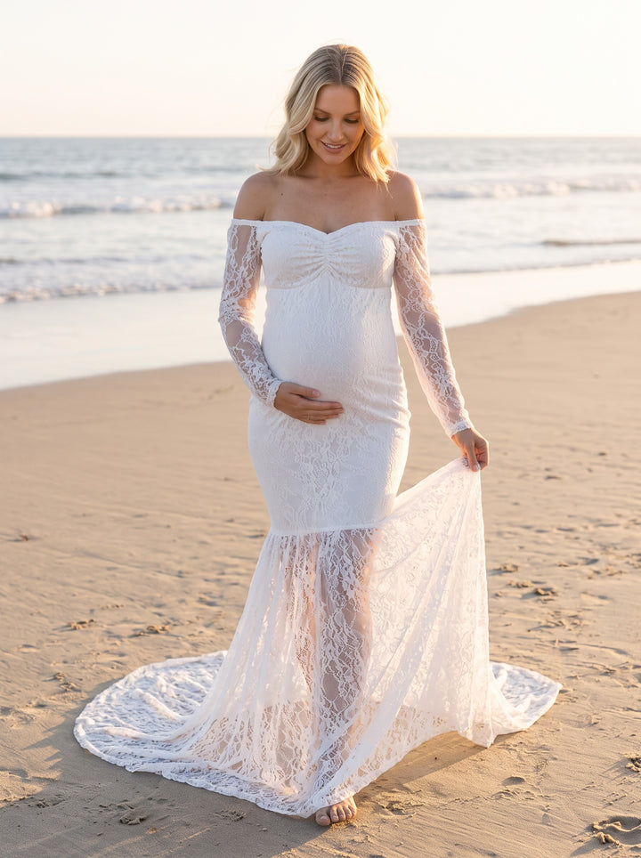 Mermaid Lace Maternity Gown – White, front