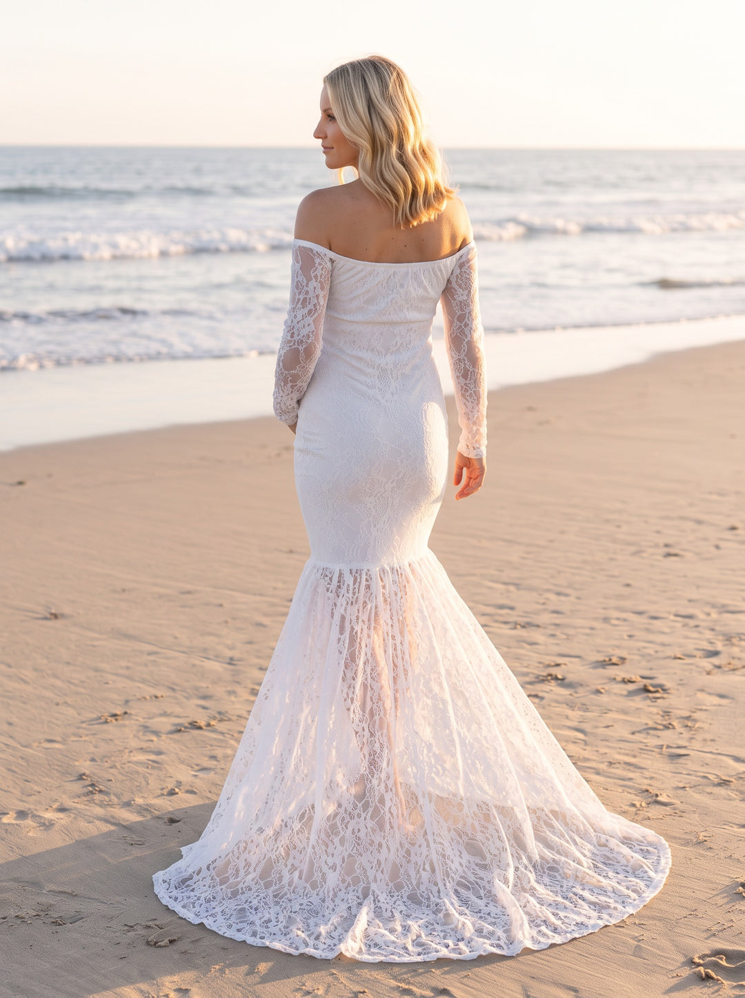 Mermaid Lace Maternity Gown – White, back