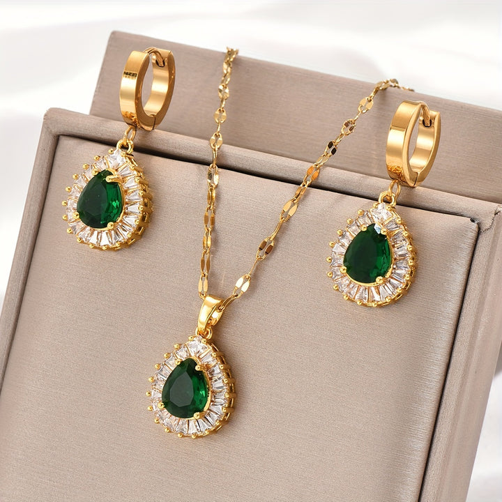 Esme | 18K Gold Plated Emerald Teardrop Pendant &amp; Earrings Jewelry Set