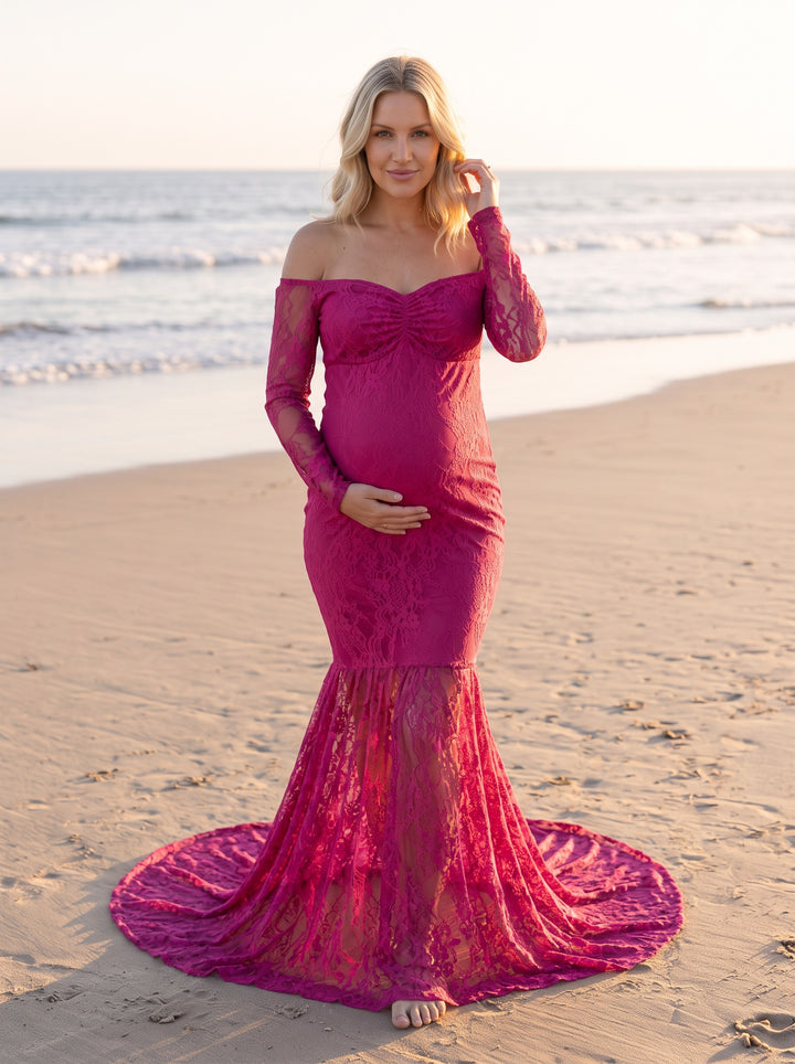 Mermaid Lace Maternity Gown – Pink, front