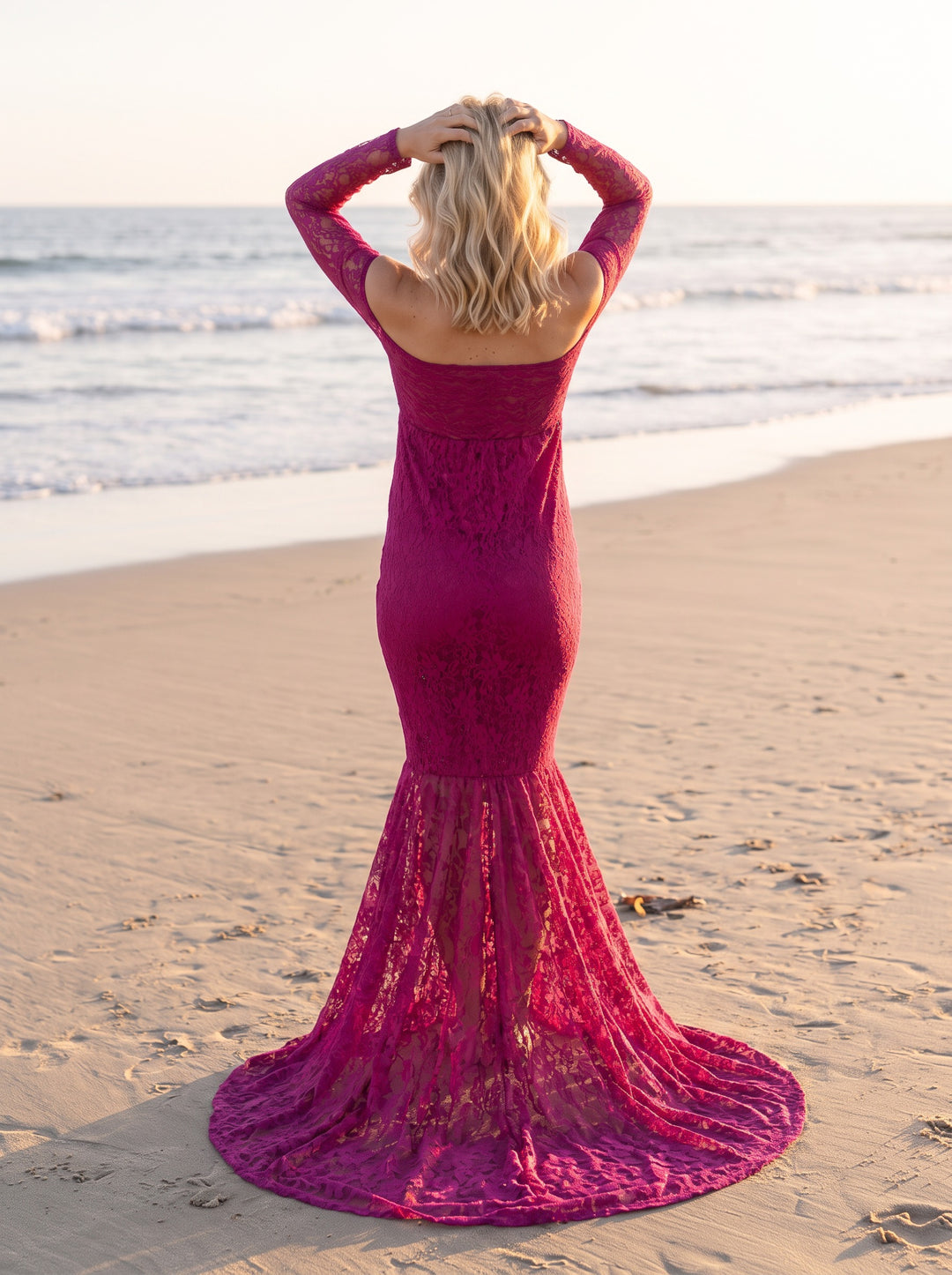 Mermaid Lace Maternity Gown – Pink, back