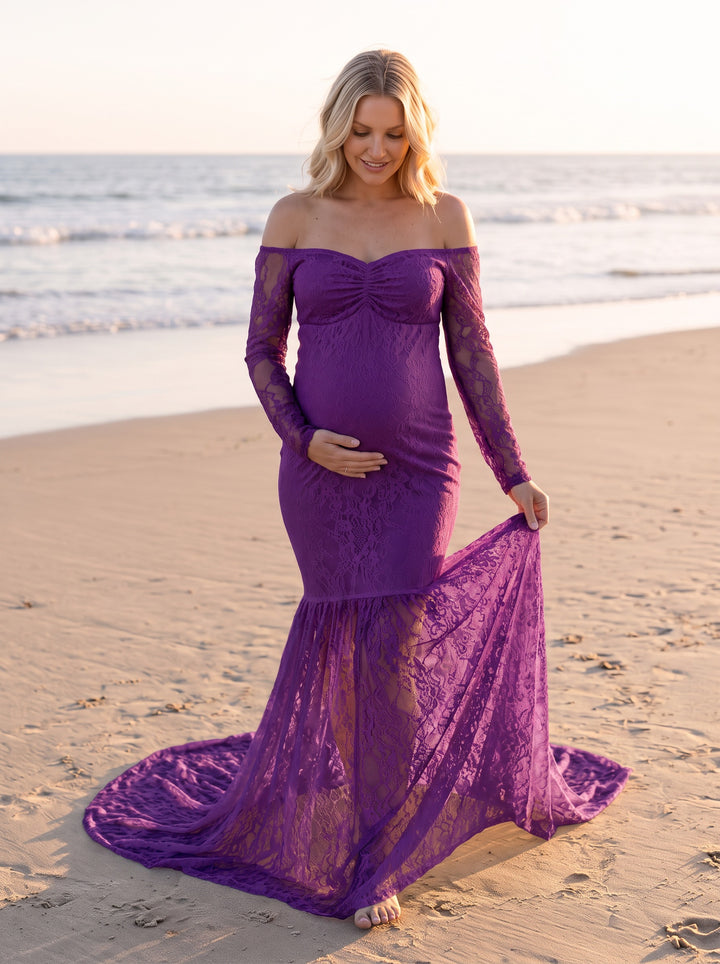 Mermaid Lace Maternity Gown – Purple, front