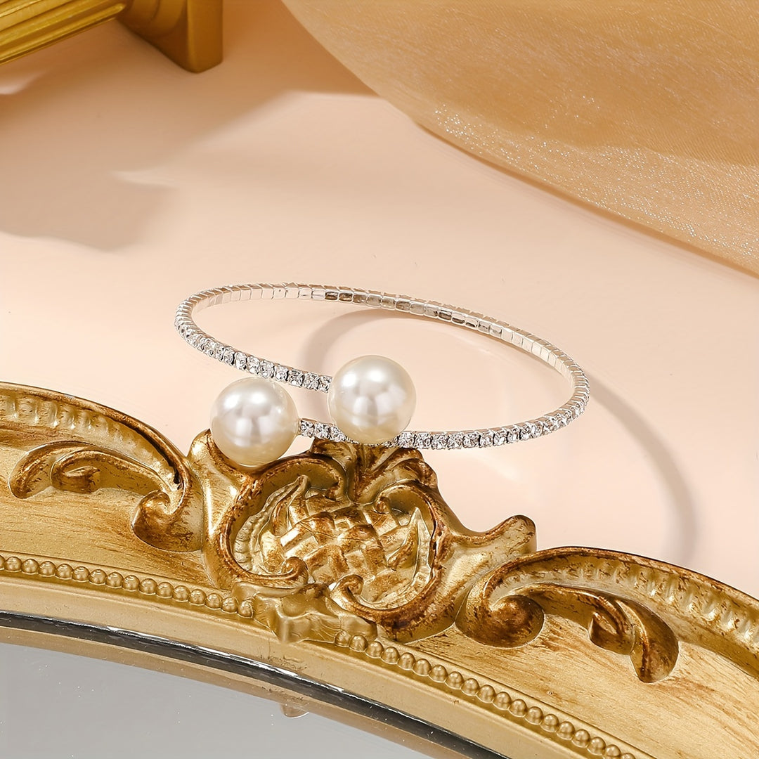 Isolde | Contemporary Pavé Bypass Faux Pearl Bangle