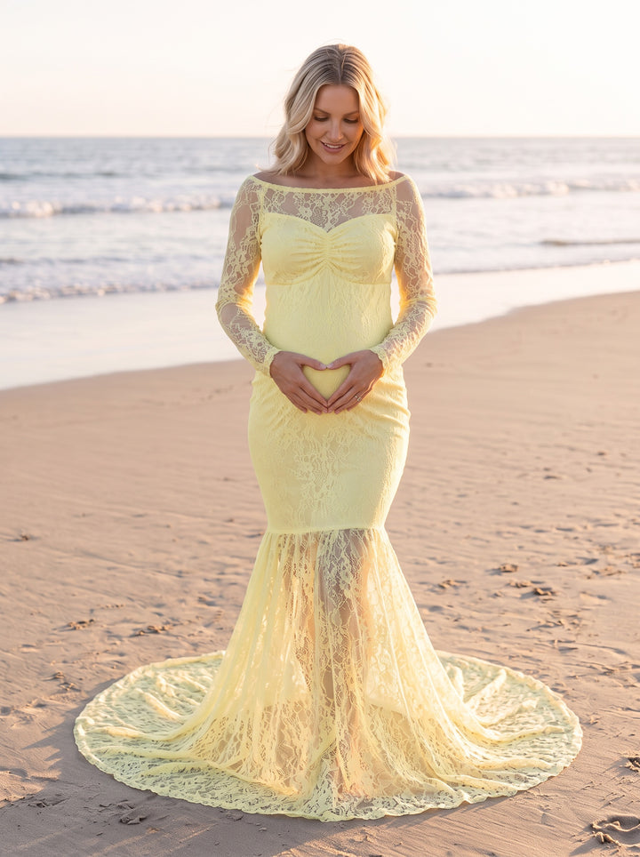 Mermaid Lace Maternity Gown – Yellow, front