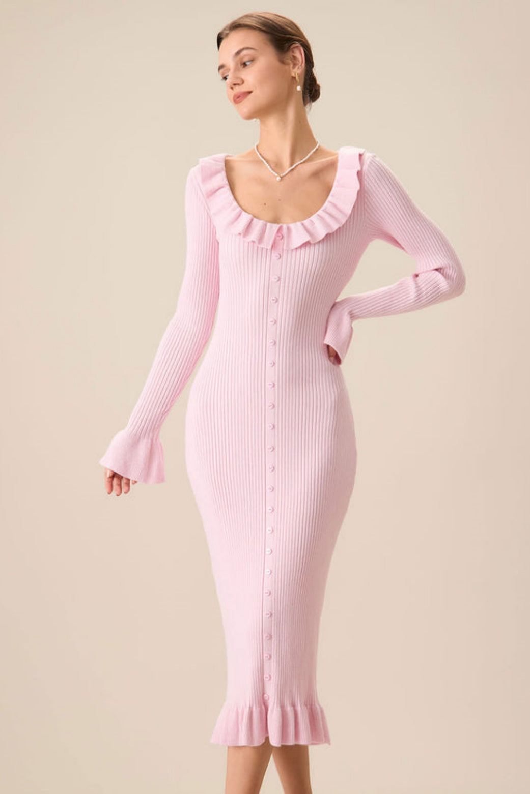 Rosalie | U-Neck Ruffle Midi Knit Dress