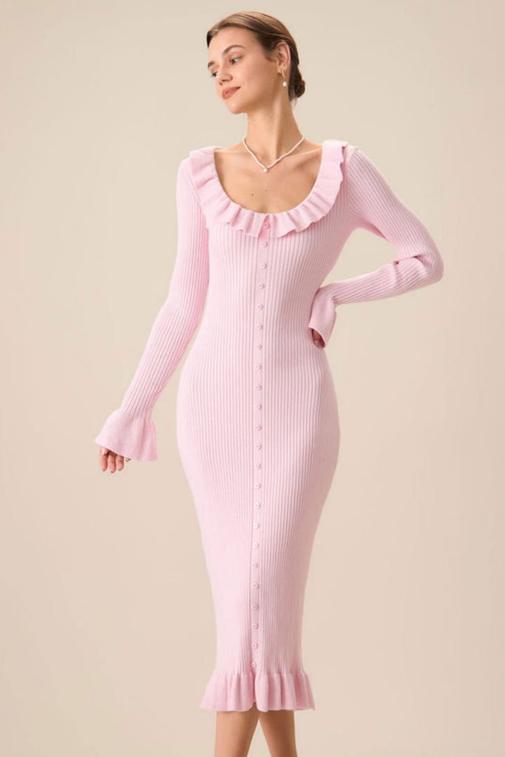 Rosalie | U-Neck Ruffle Midi Knit Dress