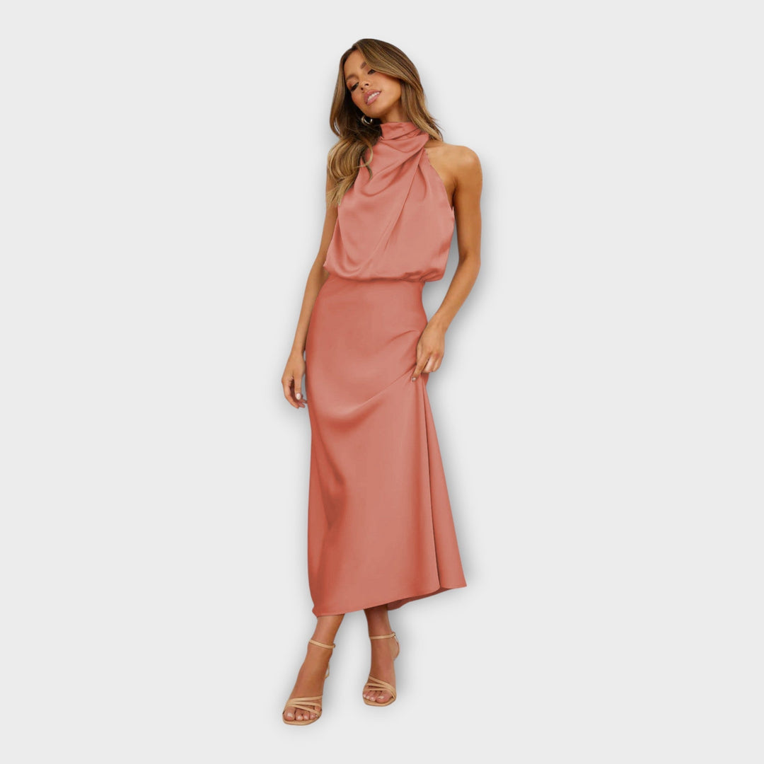 Long Satin Dress with High Neck and Open Back