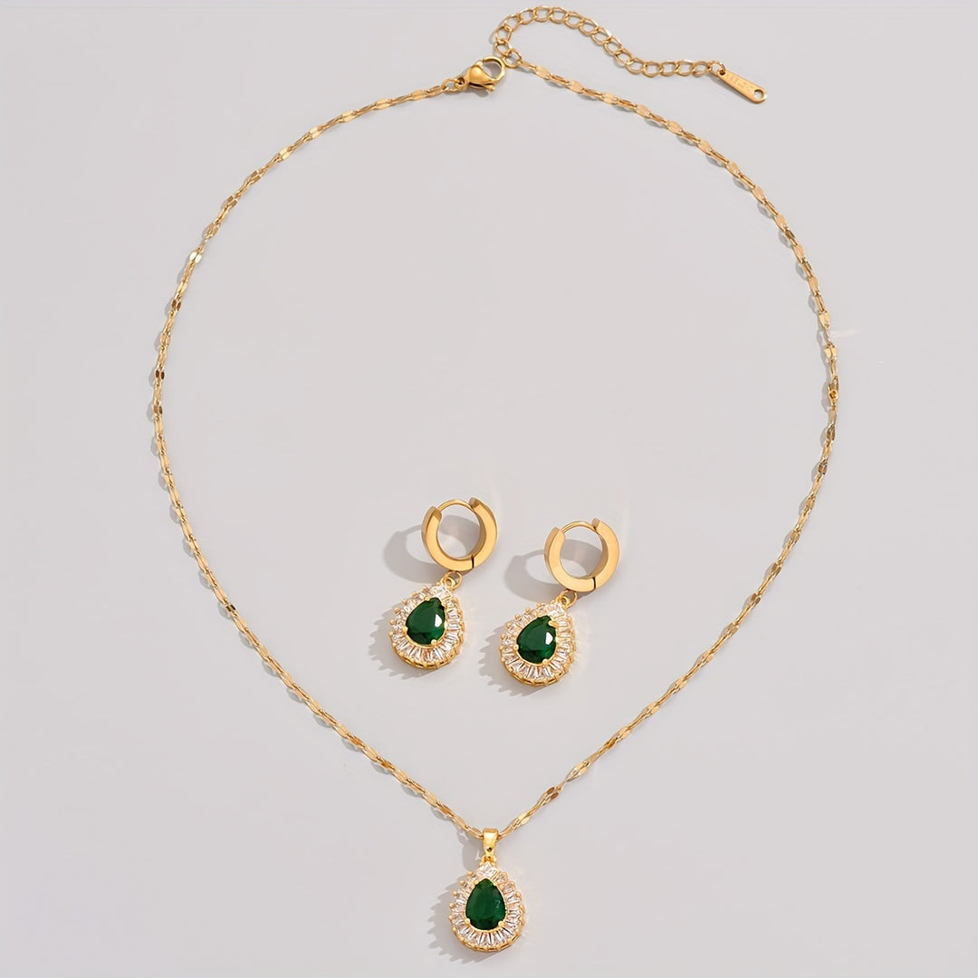 Esme | 18K Gold Plated Emerald Teardrop Pendant &amp; Earrings Jewelry Set