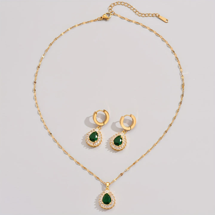 Esme | 18K Gold Plated Emerald Teardrop Pendant &amp; Earrings Jewelry Set