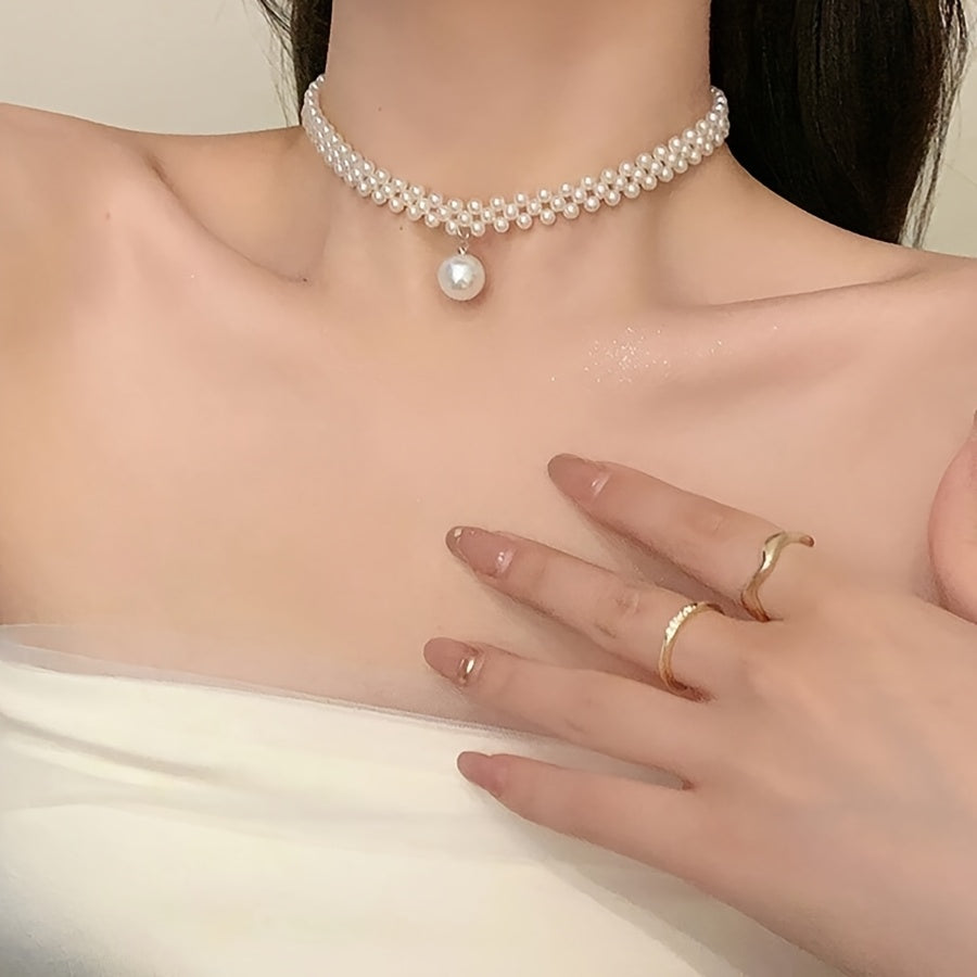 Cordelia | Woven Faux Pearl Choker with Drop Pendant
