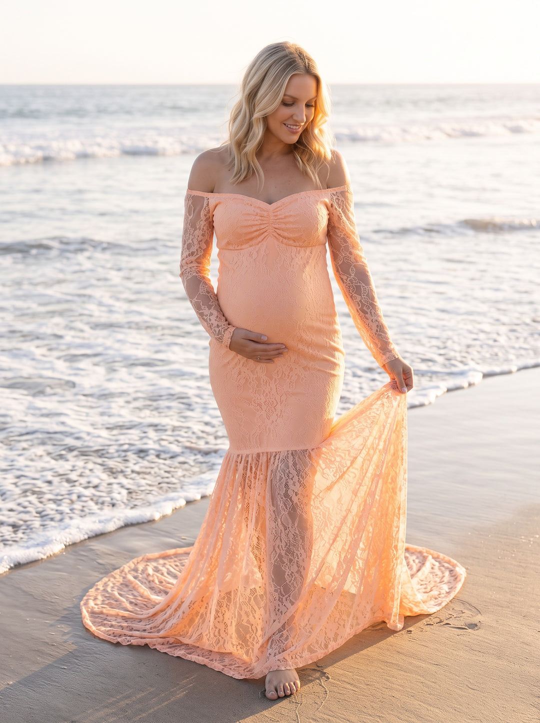Mermaid Lace Maternity Gown – Orange, front