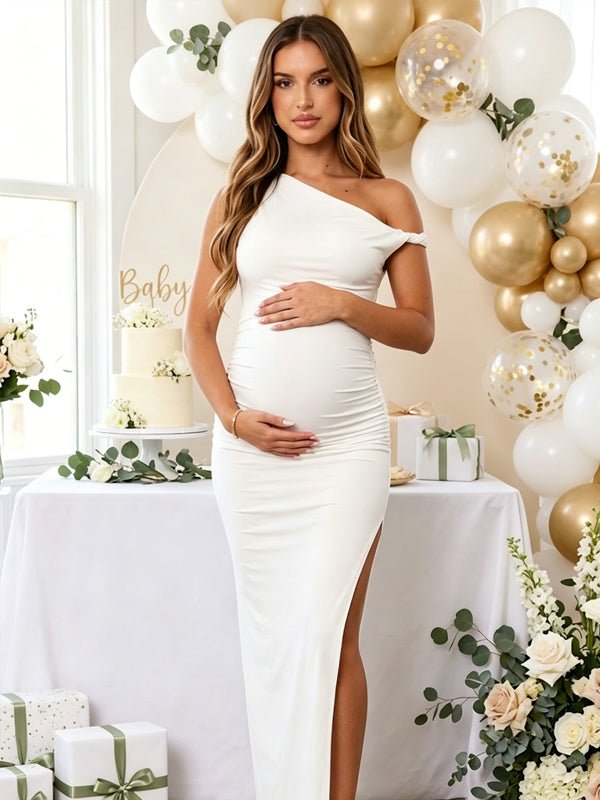 Keeva | One-Shoulder Ruched Maternity Maxi Dress