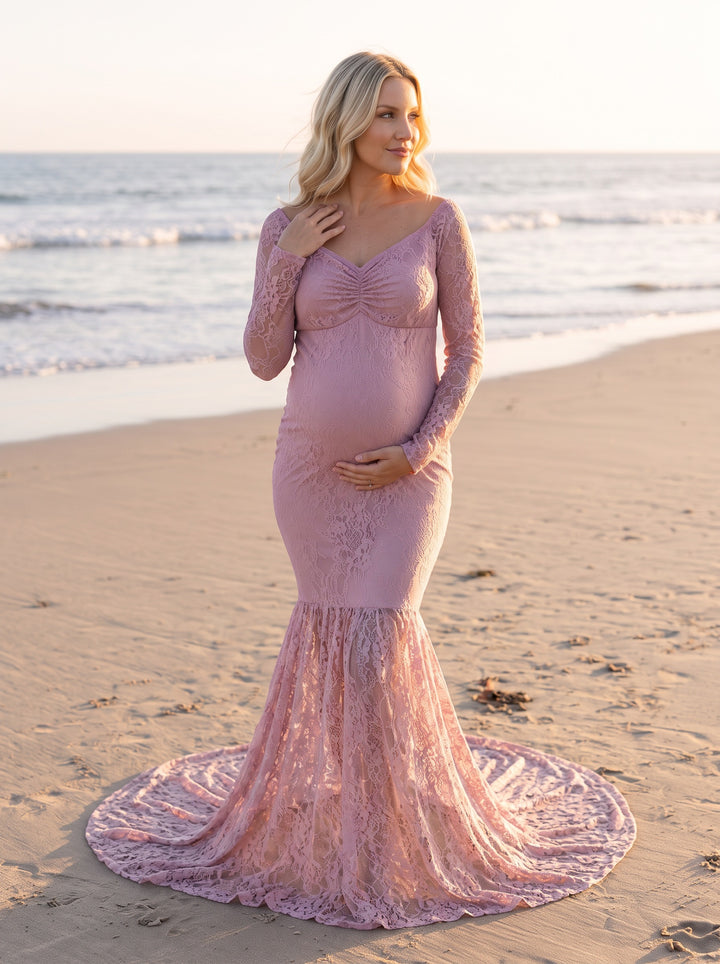 Mermaid Lace Maternity Gown – Mauve, front
