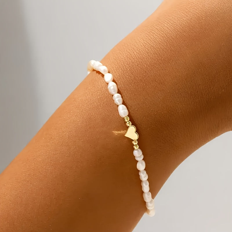 Clementina | Minimalist Faux Pearl Heart Accent Bracelet