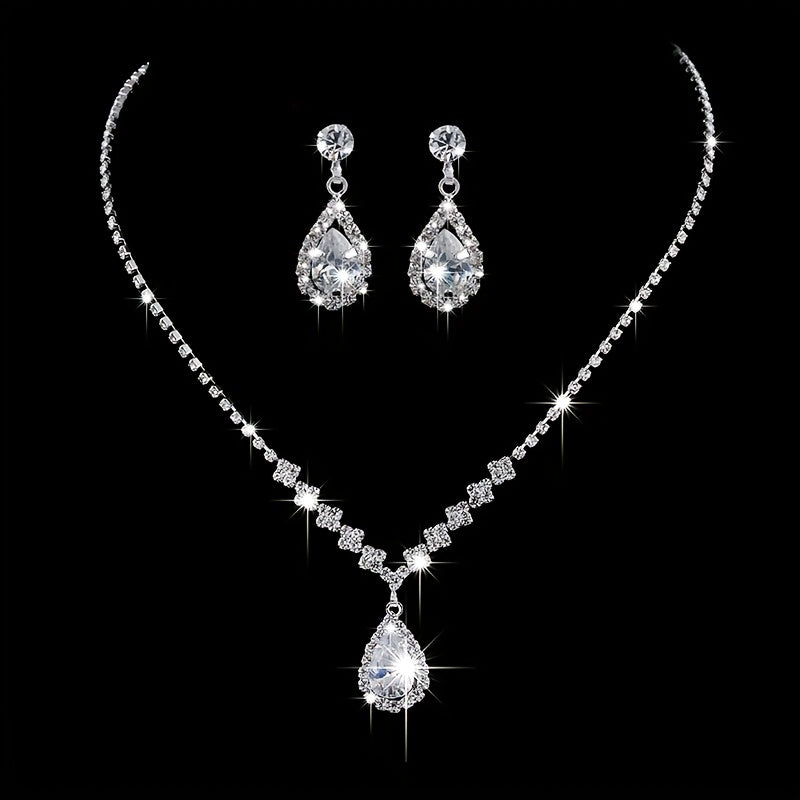 Elowena | Teardrop Rhinestone Pendant Necklace &amp; Earrings Set