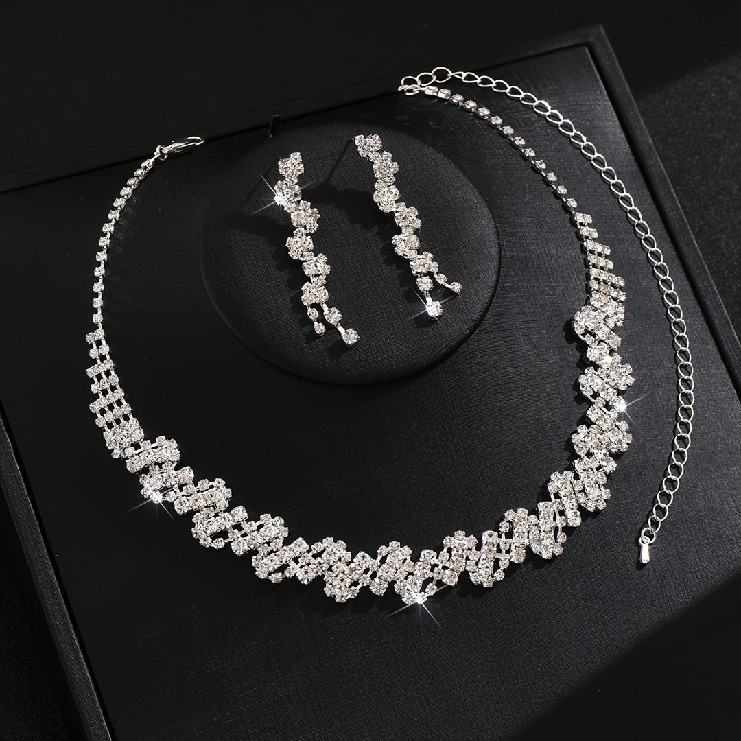 Aethelgard | Zig-Zag Rhinestone Necklace &amp; Drop Earrings Set