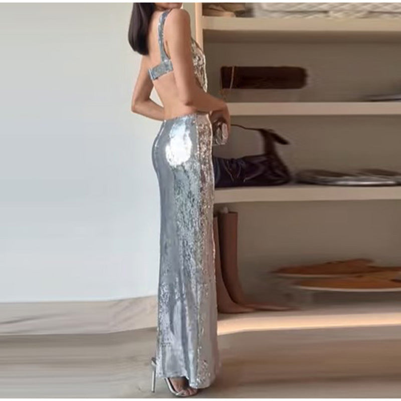 Tayla | Sequin Square Neck Backless Maxi Dress