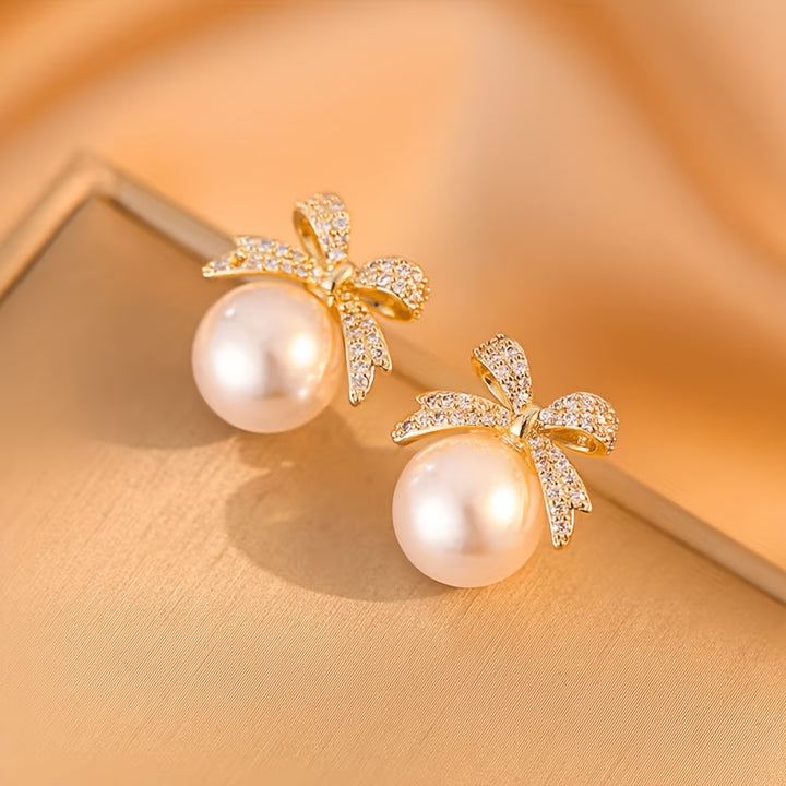 Eloise | Vintage Pavé Bow &amp; Faux Pearl Stud Earrings