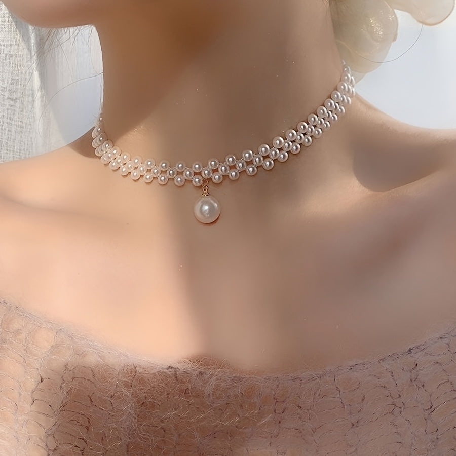 Cordelia | Woven Faux Pearl Choker with Drop Pendant
