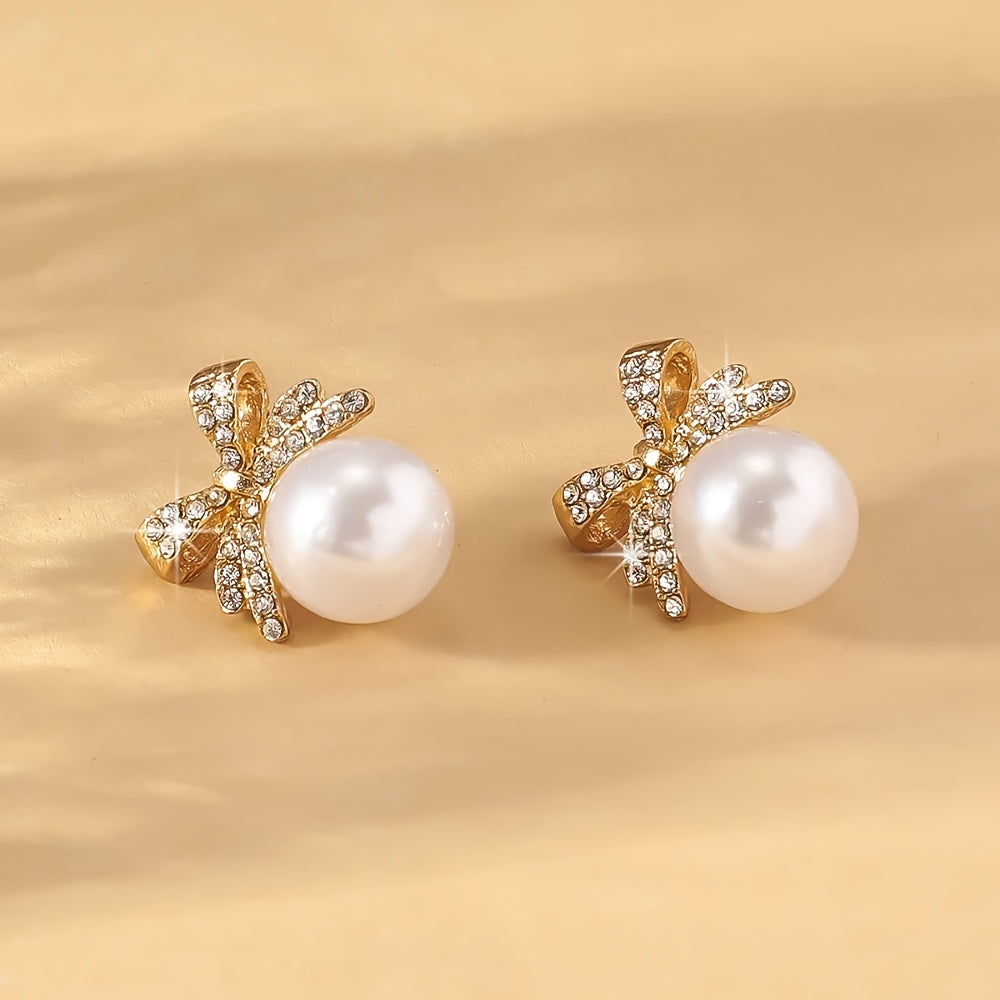 Eloise | Vintage Pavé Bow &amp; Faux Pearl Stud Earrings