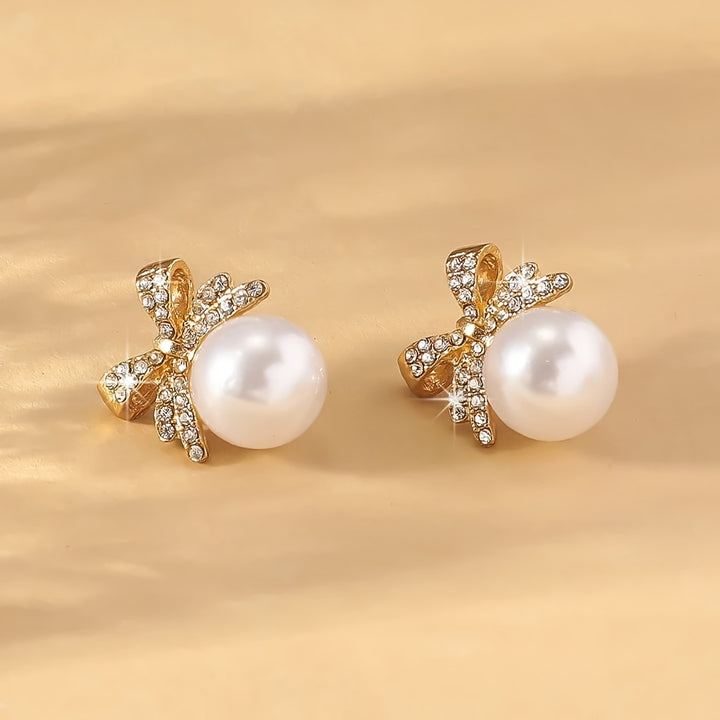 Eloise | Vintage Pavé Bow &amp; Faux Pearl Stud Earrings