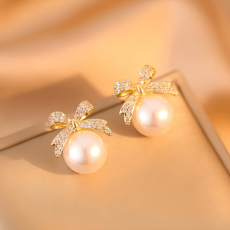 Eloise | Vintage Pavé Bow &amp; Faux Pearl Stud Earrings