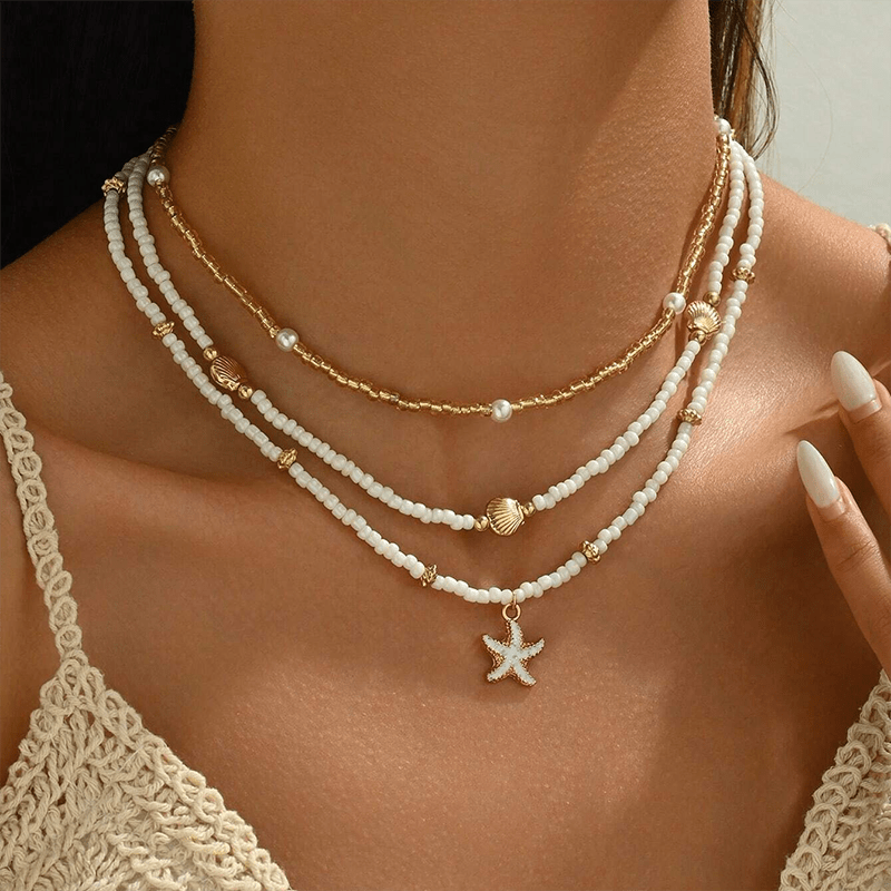Mirella | Coastal Shell &amp; Starfish Beaded Choker Necklace Set