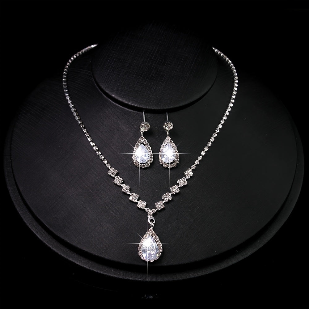Elowena | Teardrop Rhinestone Pendant Necklace &amp; Earrings Set