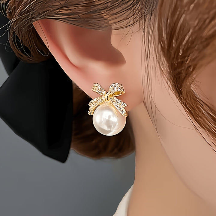 Eloise | Vintage Pavé Bow &amp; Faux Pearl Stud Earrings