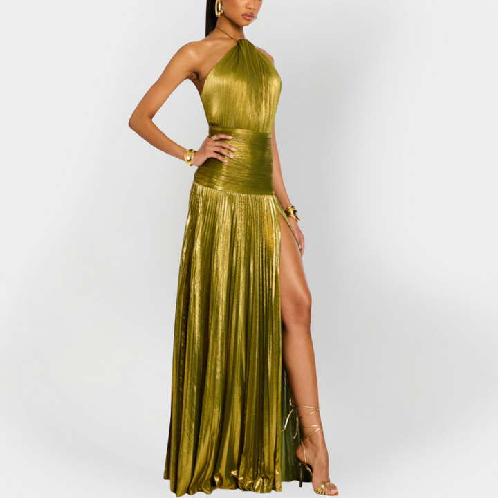 Long Metallic Dress with Neck Tie and Split