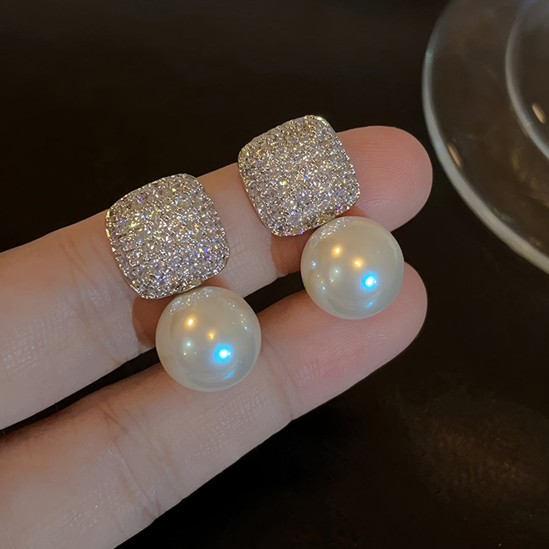 Juliet | Vintage Pavé Square &amp; Faux Pearl Drop Earrings