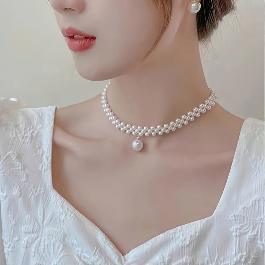 Cordelia | Woven Faux Pearl Choker with Drop Pendant