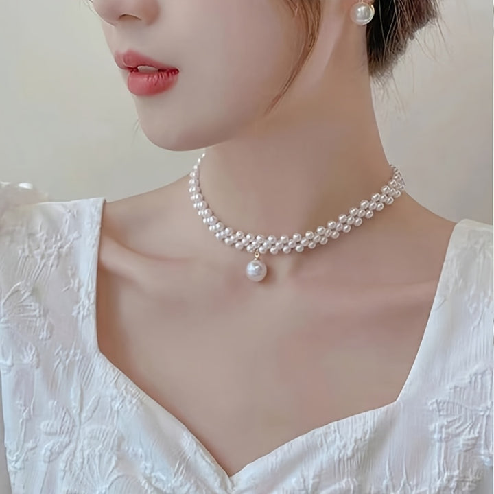 Cordelia | Woven Faux Pearl Choker with Drop Pendant