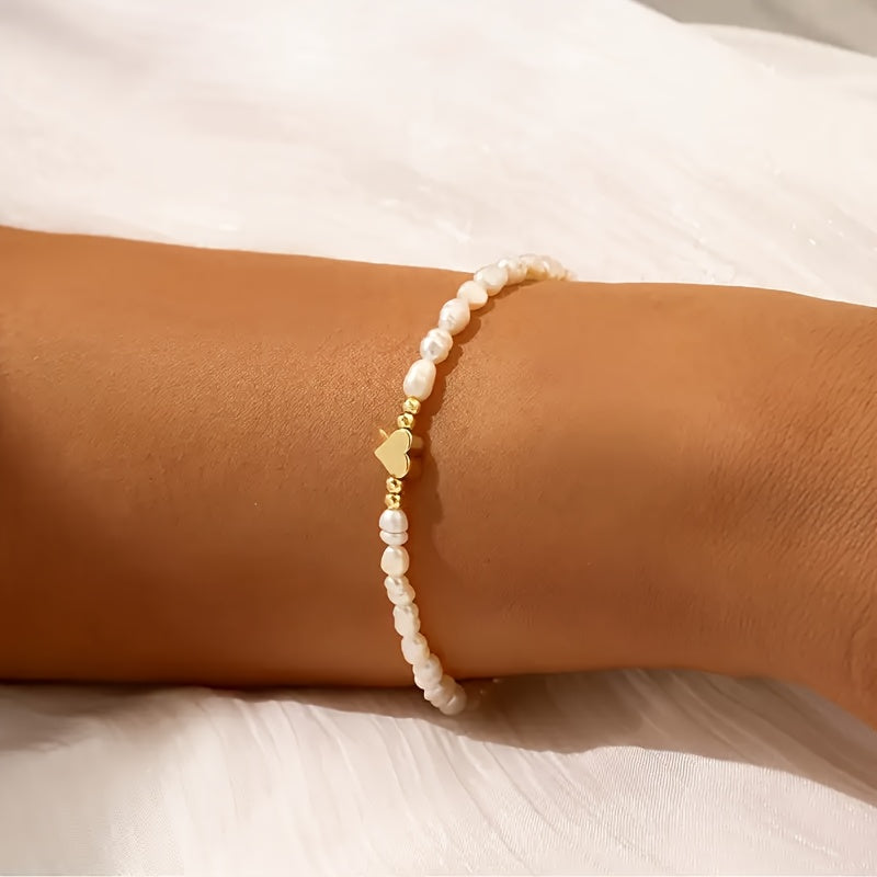 Clementina | Minimalist Faux Pearl Heart Accent Bracelet