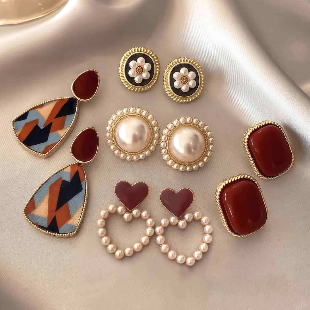 Leonora | Vintage Wine Red &amp; Faux Pearl Stud Earrings Set