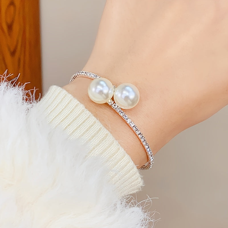 Isolde | Contemporary Pavé Bypass Faux Pearl Bangle