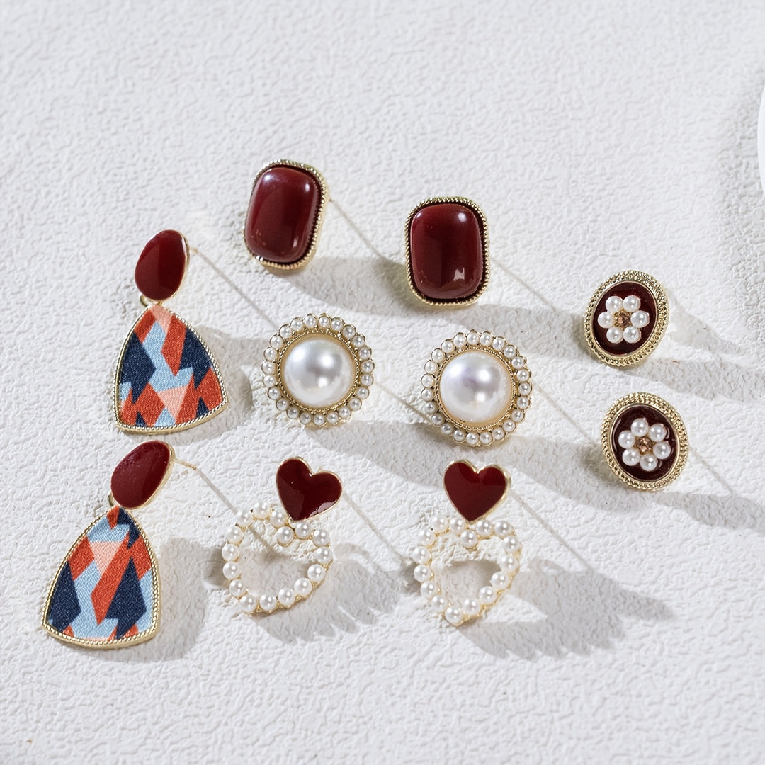 Leonora | Vintage Wine Red &amp; Faux Pearl Stud Earrings Set