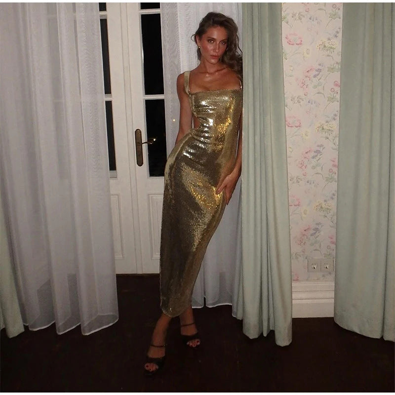 Tayla | Sequin Square Neck Backless Maxi Dress
