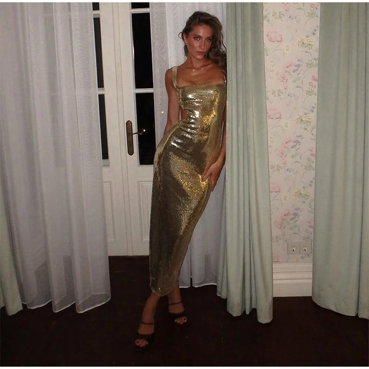 Tayla | Sequin Square Neck Backless Maxi Dress