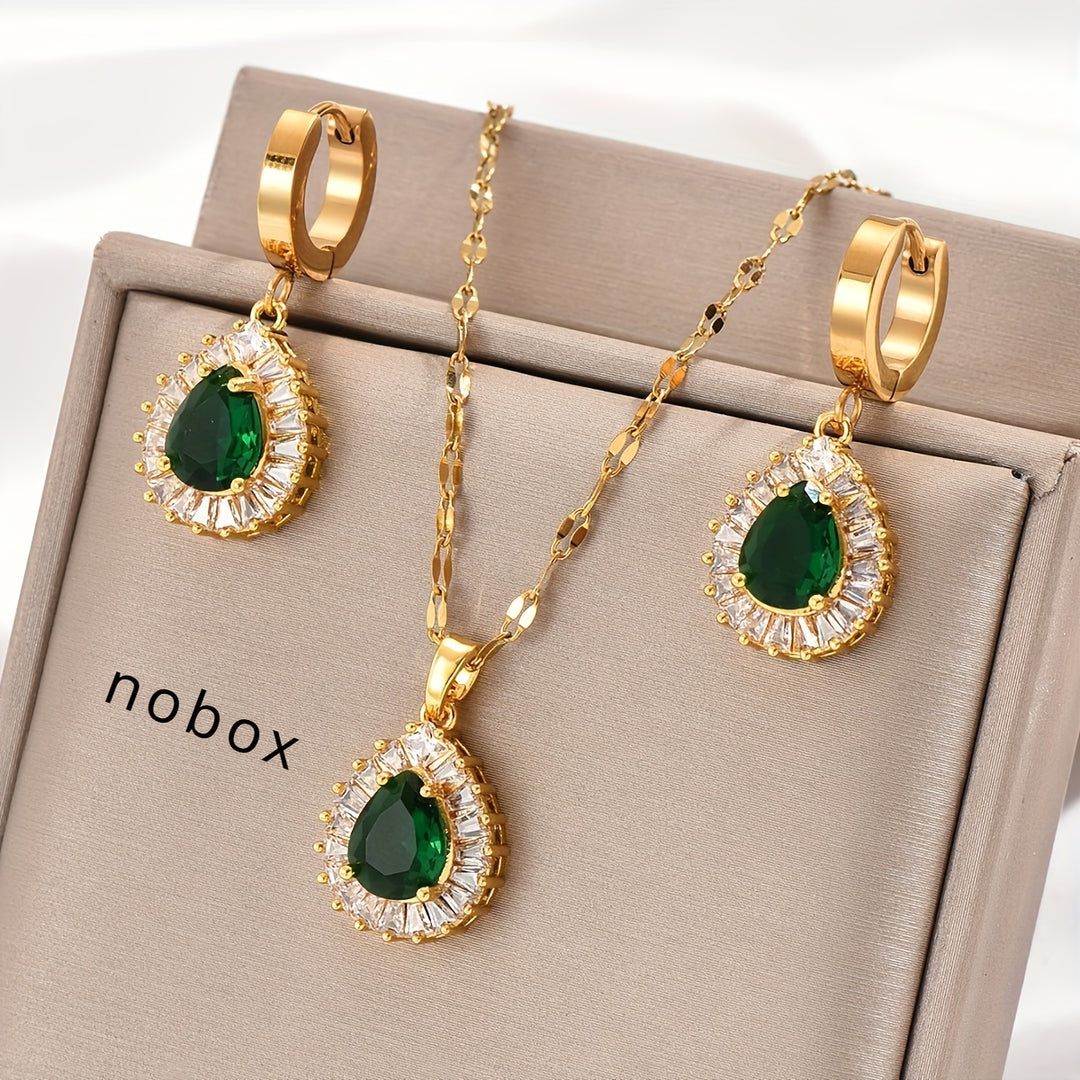 Esme | 18K Gold Plated Emerald Teardrop Pendant &amp; Earrings Jewelry Set