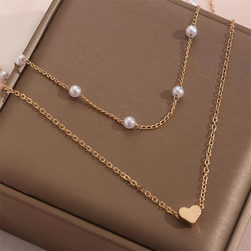 Amorette | Faux Pearl Station &amp; Heart Layered Necklace