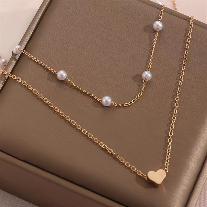 Amorette | Faux Pearl Station &amp; Heart Layered Necklace