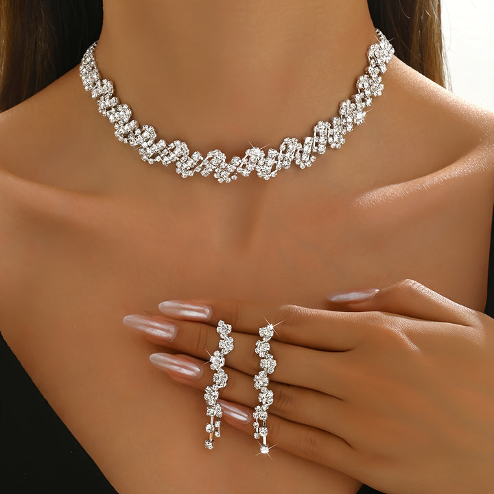 Aethelgard | Zig-Zag Rhinestone Necklace &amp; Drop Earrings Set