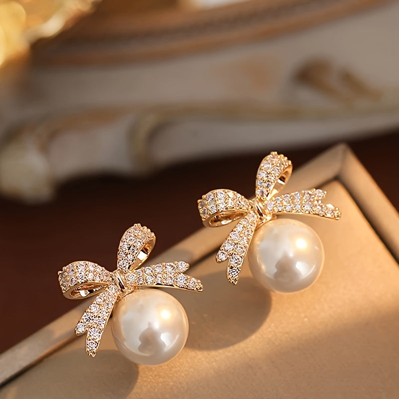 Eloise | Vintage Pavé Bow &amp; Faux Pearl Stud Earrings