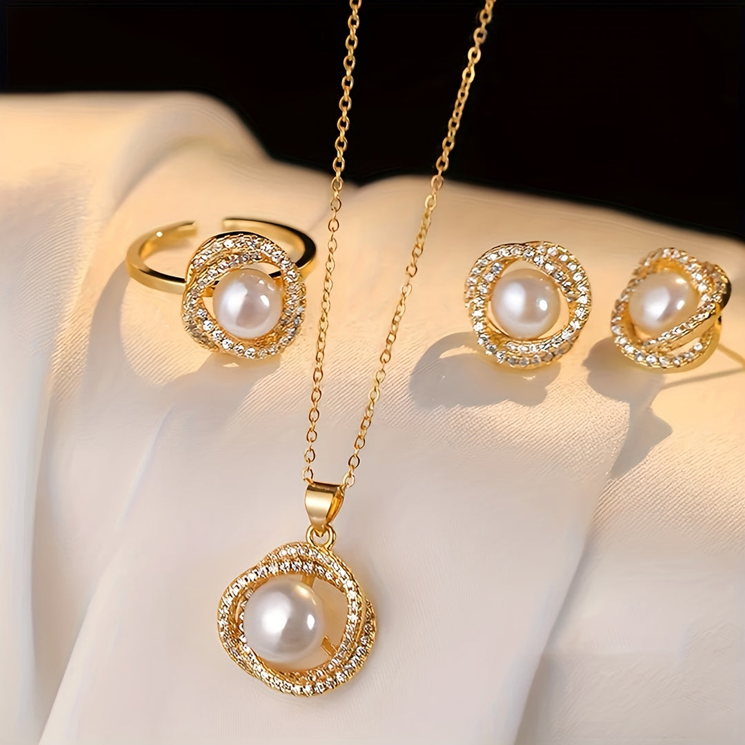 Arabella | Vintage Faux Pearl &amp; Crystal Halo Jewelry Set