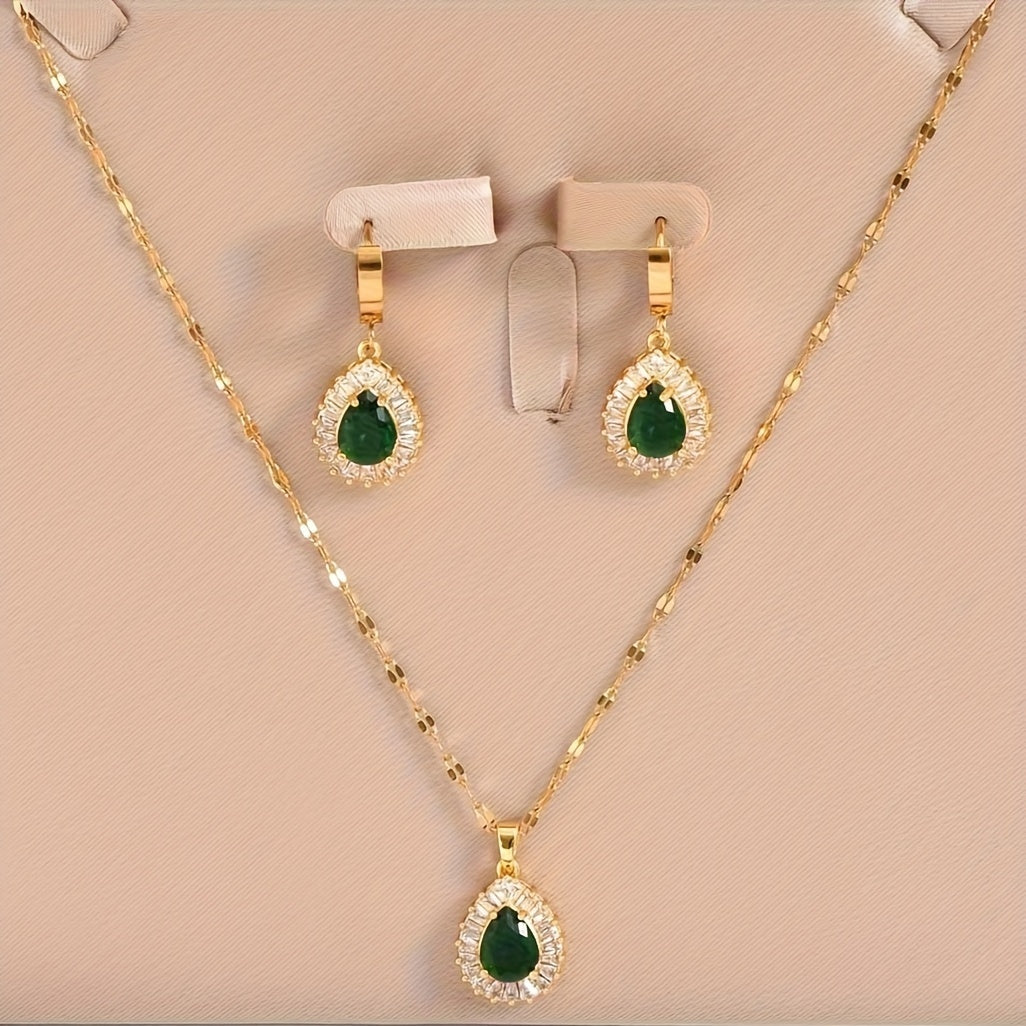 Esme | 18K Gold Plated Emerald Teardrop Pendant &amp; Earrings Jewelry Set