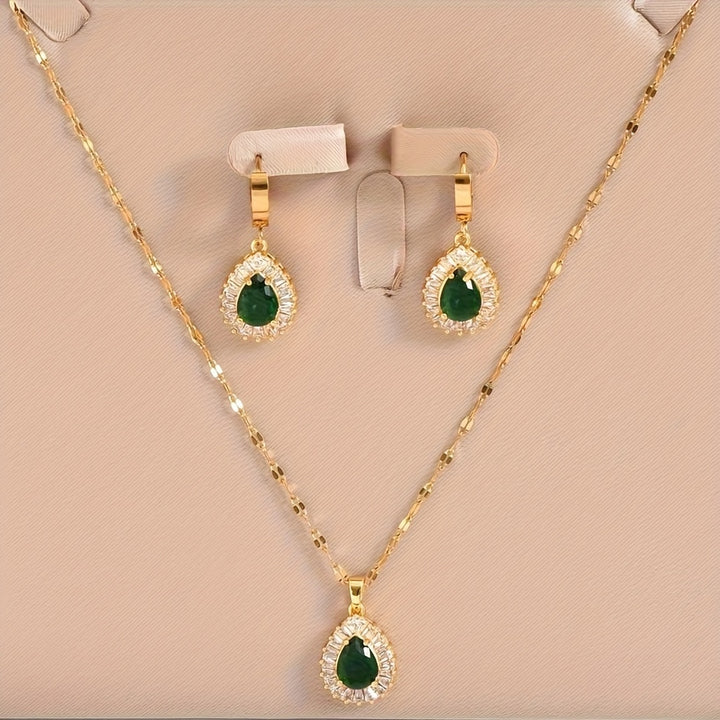Esme | 18K Gold Plated Emerald Teardrop Pendant &amp; Earrings Jewelry Set