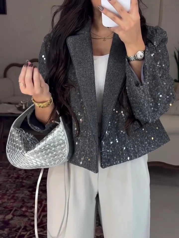 Grijze paillettenblazer - sprankelend satijnen feestjasje