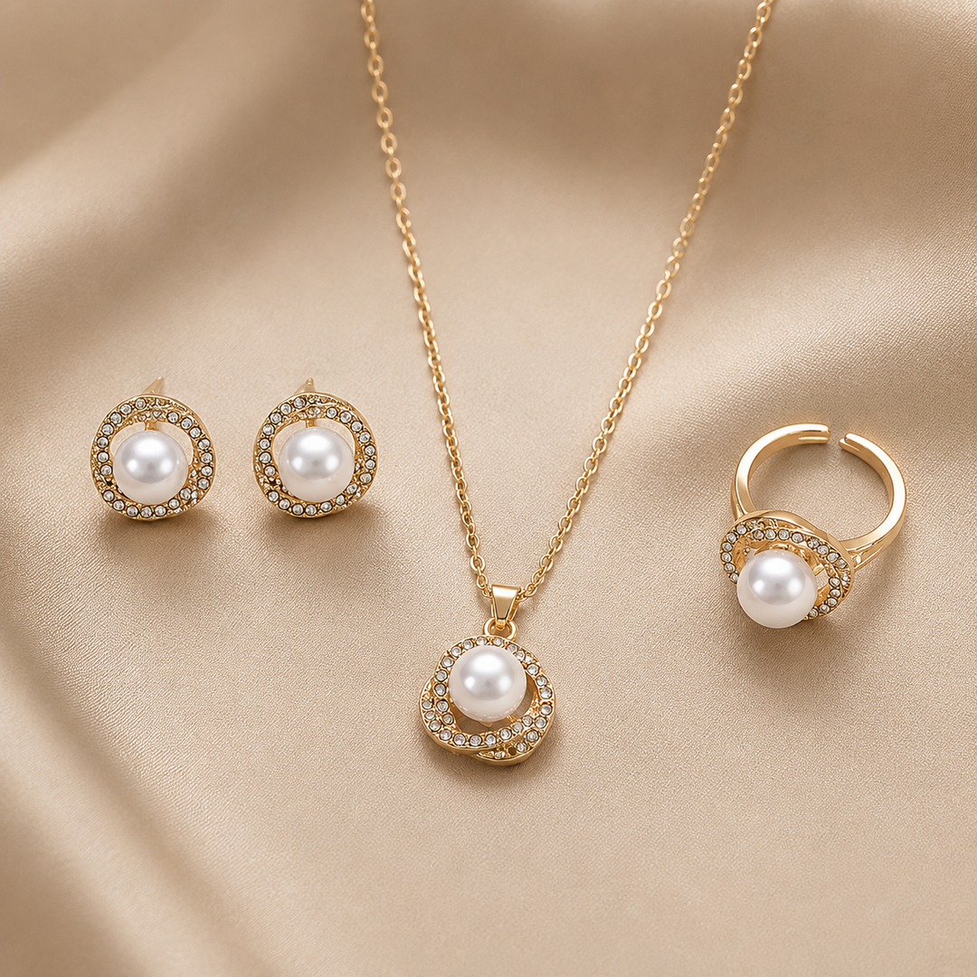 Arabella | Vintage Faux Pearl &amp; Crystal Halo Jewelry Set