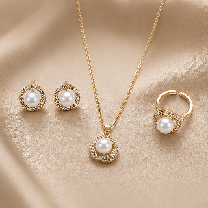 Arabella | Vintage Faux Pearl &amp; Crystal Halo Jewelry Set
